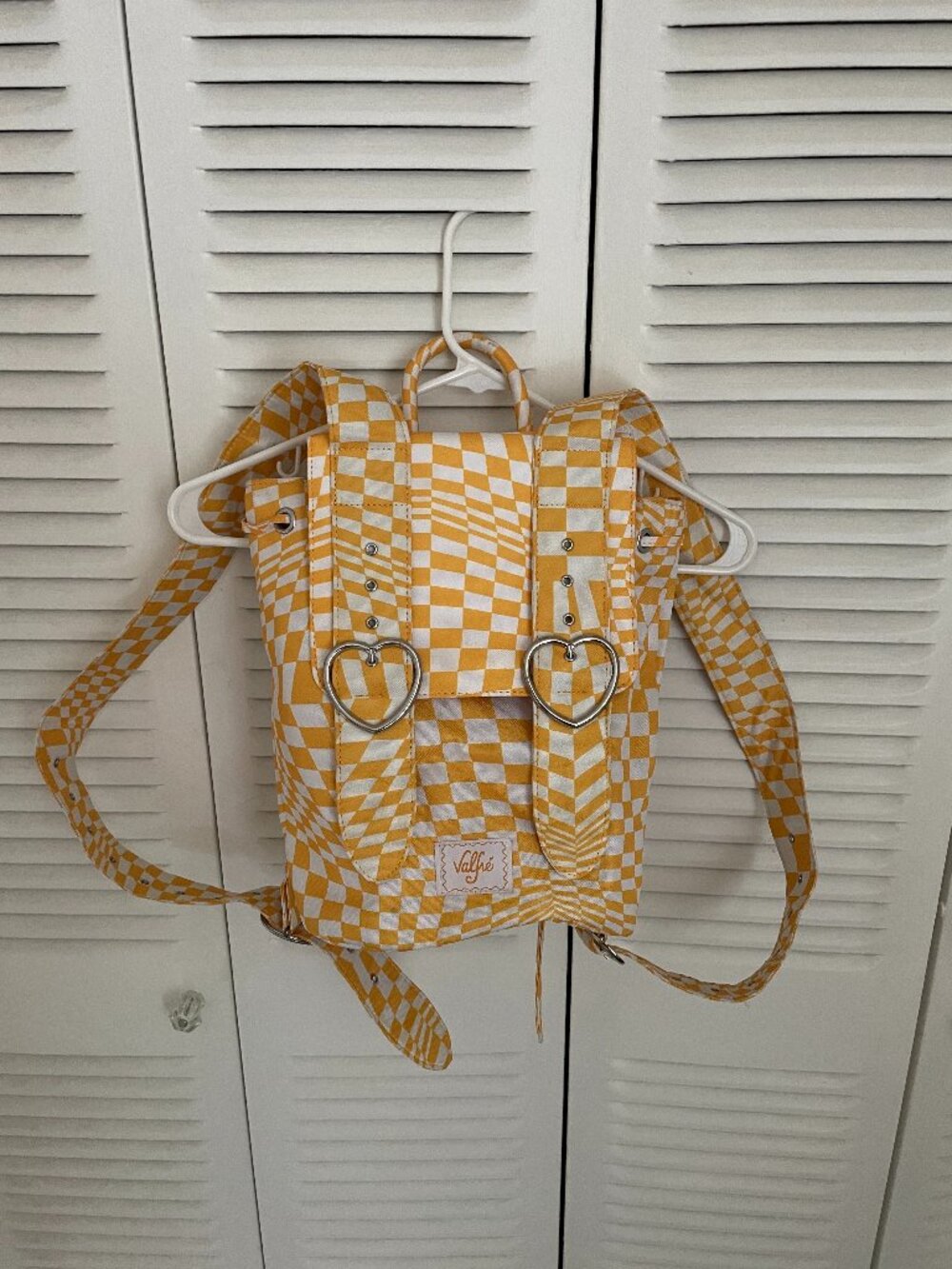 Valfré Yellow/White Checkered Backpack with Heart Buckles